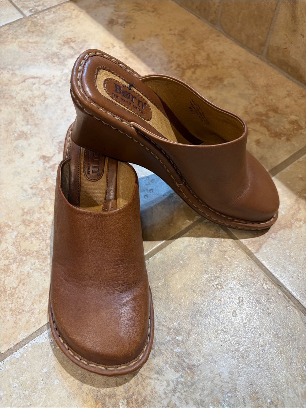 Born Brown Leather Wedge Mule Clogs